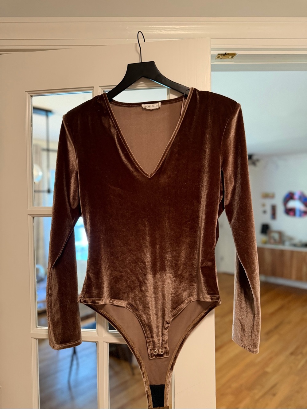 Avec Les Filles Velvet V-Neck Long-Sleeve Bodysuit - Brown